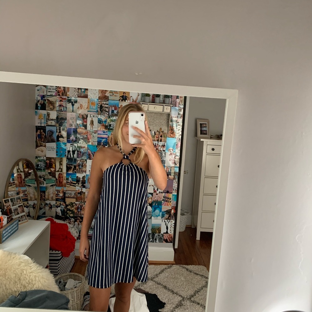 Blue and white stripe dress with tortoise halter